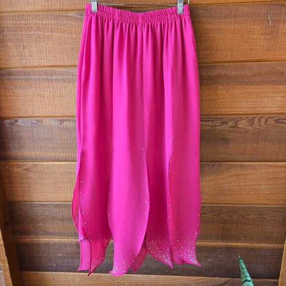 90s Y2K Scassi Pink Petal Hem Midi Skirt L Rhinestone Embroidered Fairy Festival - Picture 1 of 10